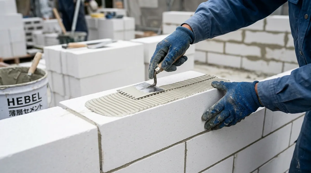 Tukang sedang memasang bata ringan hebel menggunakan semen instan thin bed