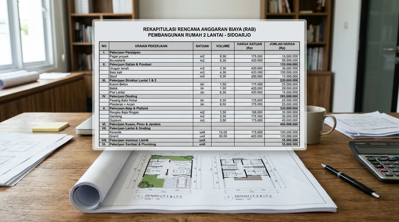 Biaya bangun rumah 2 lantai sidoarjo fasad modern minimalis dengan balkon kaca dan carport mobil