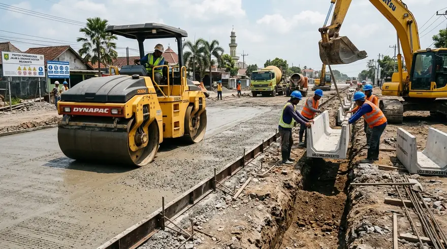 Pekerjaan pemadatan jalan beton rigit pavement dan saluran drainase u ditch proyek di Mojokerto