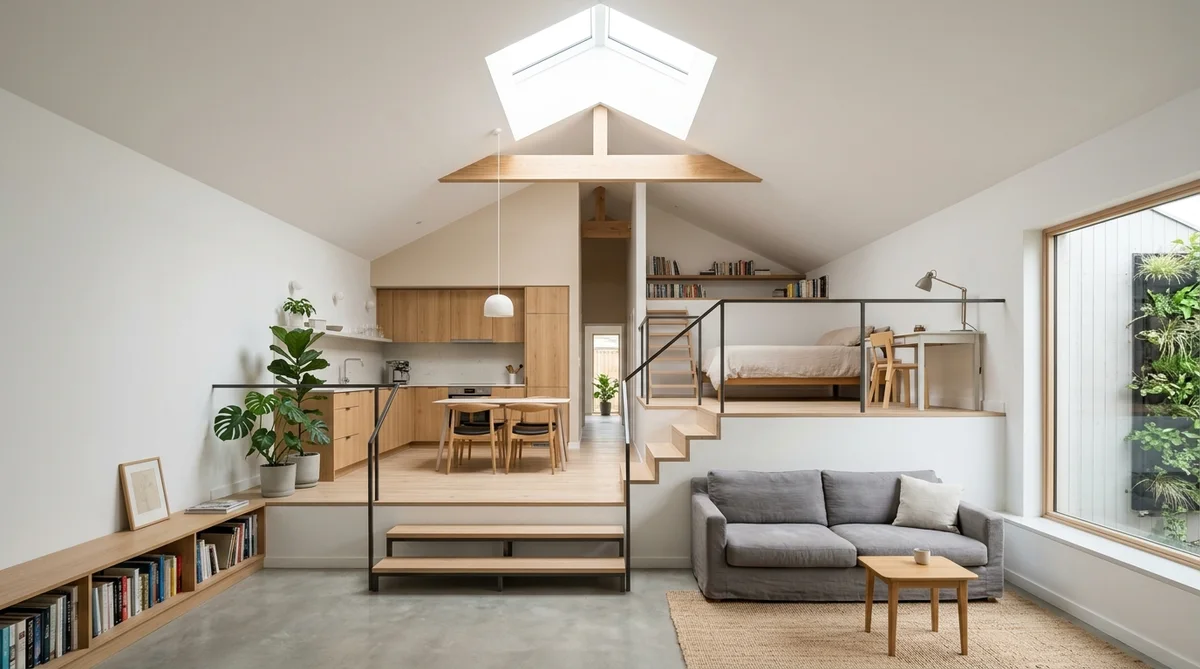 Desain rumah split level lahan sempit interior tangga setengah lantai dan void terbuka luas