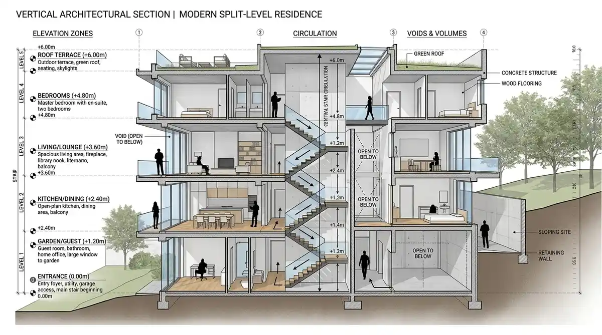 Denah tata ruang rumah split level ukuran 6x12 meter tampak samping arsitektur modern
