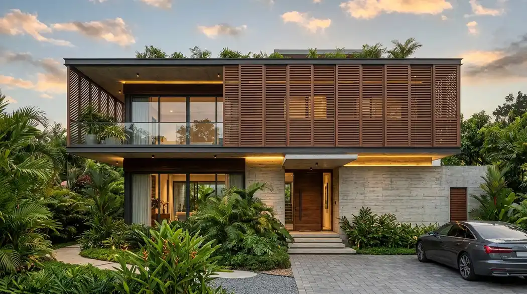Desain rumah tropis modern fasad secondary skin kayu dan bukaan ventilasi silang asri