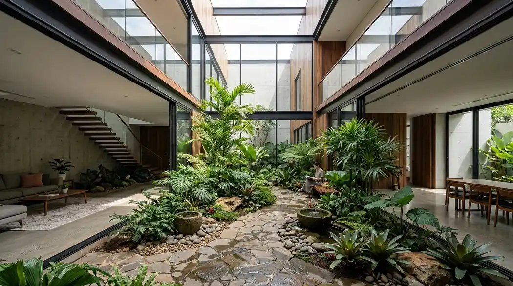 Area inner courtyard taman tengah terbuka dengan void pencahayaan alami rumah tropis