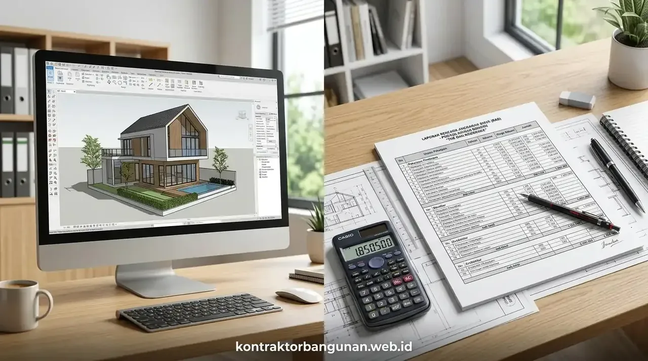 Visualisasi 3D render arsitektur rumah modern dan dokumen RAB konstruksi