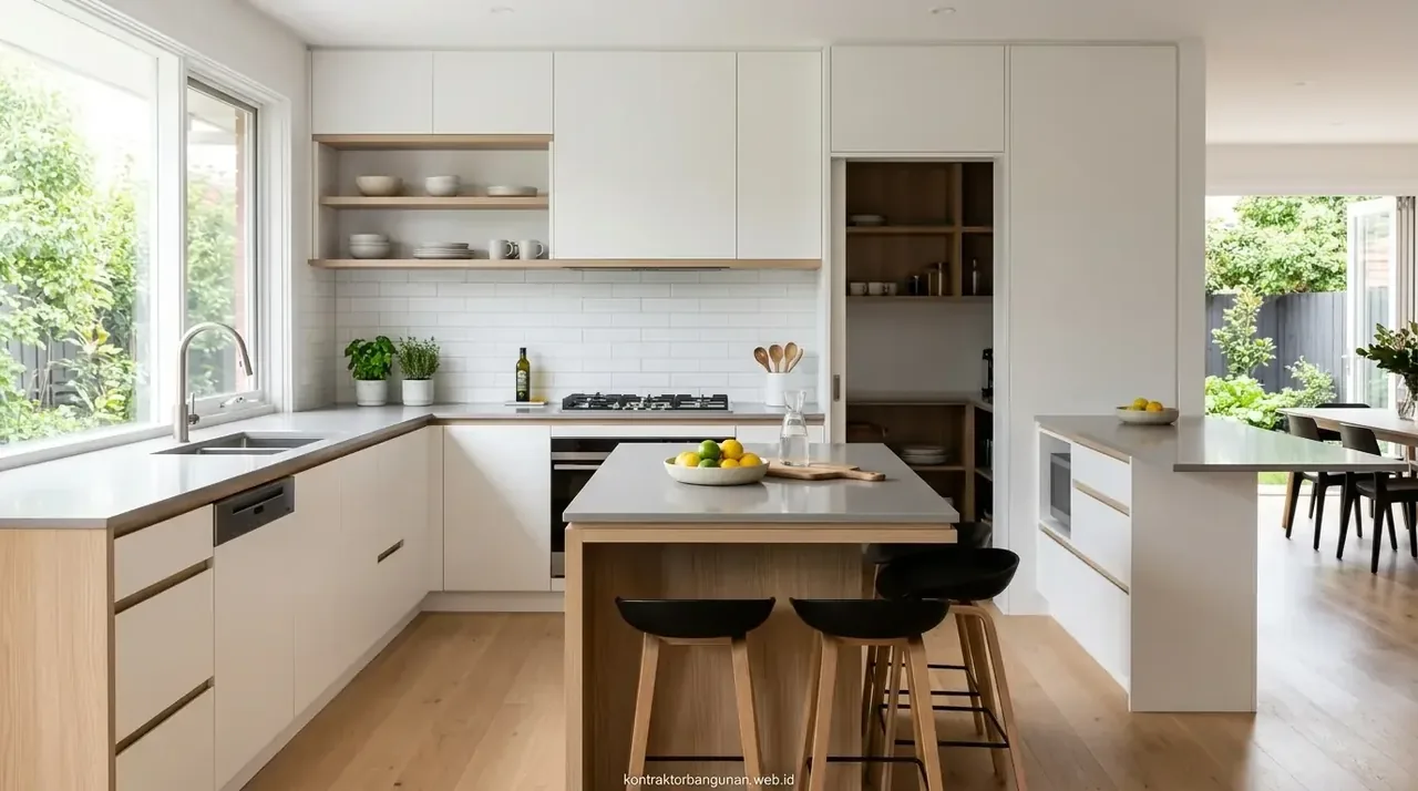 Kitchen set dapur minimalis modern dengan top table granit dan kabinet HPL