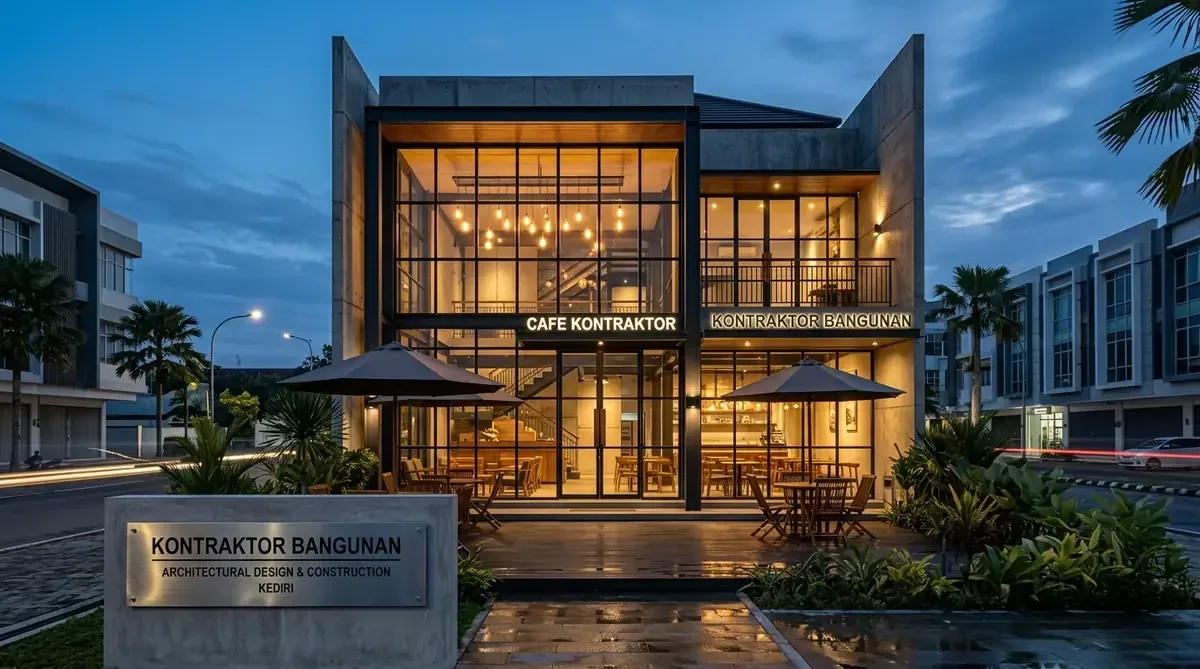 Layout interior kafe dan ruko komersial modern dengan pencahayaan estetik di kediri