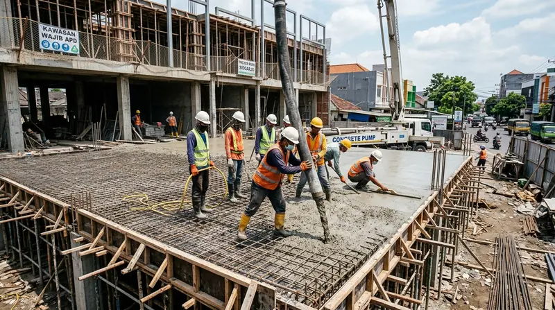 Proses konstruksi struktur beton bertulang dak cor lantai ruko komersial di Sidoarjo