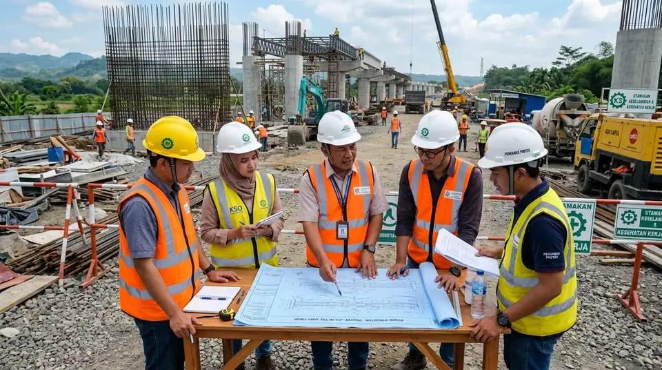 Jasa manajemen konstruksi jatim tim konsultan pengawas proyek memeriksa gambar kerja dan kepatuhan mutu lapangan