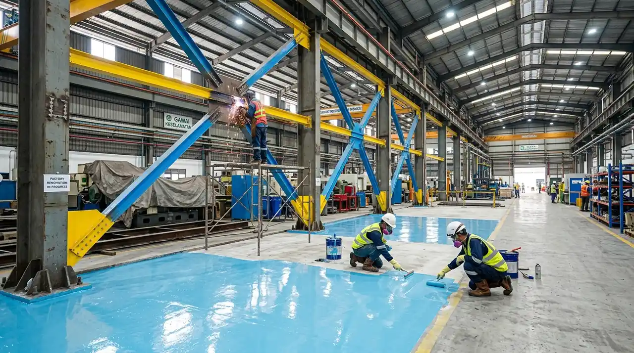 Renovasi pabrik gresik perkuatan struktur baja portal frame dan perbaikan lantai beton epoxy