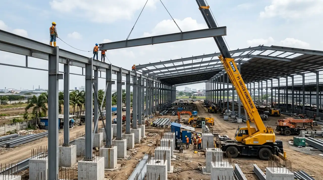 Ereksi struktur baja profil WF dan kolom pedestal beton bertulang gudang logistik Gresik