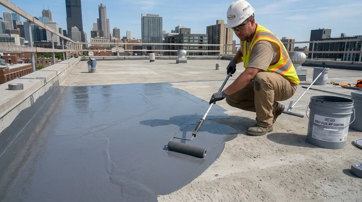 Pengerjaan pelapisan waterproofing polyurethane liquid coating pada lantai dak beton