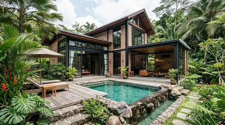 Panduan bangun villa homestay bisnis konsep industrial tropis dengan private plunge pool