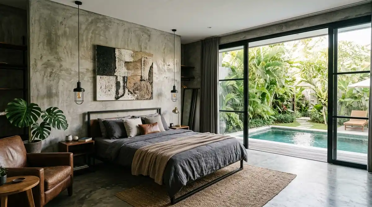 Interior kamar tidur villa estetik dinding semen unfinish dan pintu kaca geser aluminium