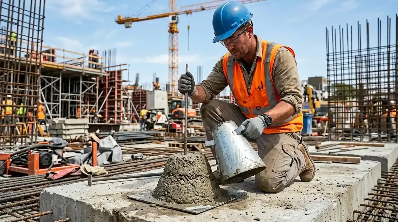 Pengujian slump test dan silinder kuat tekan cor beton K300 di laboratorium konstruksi