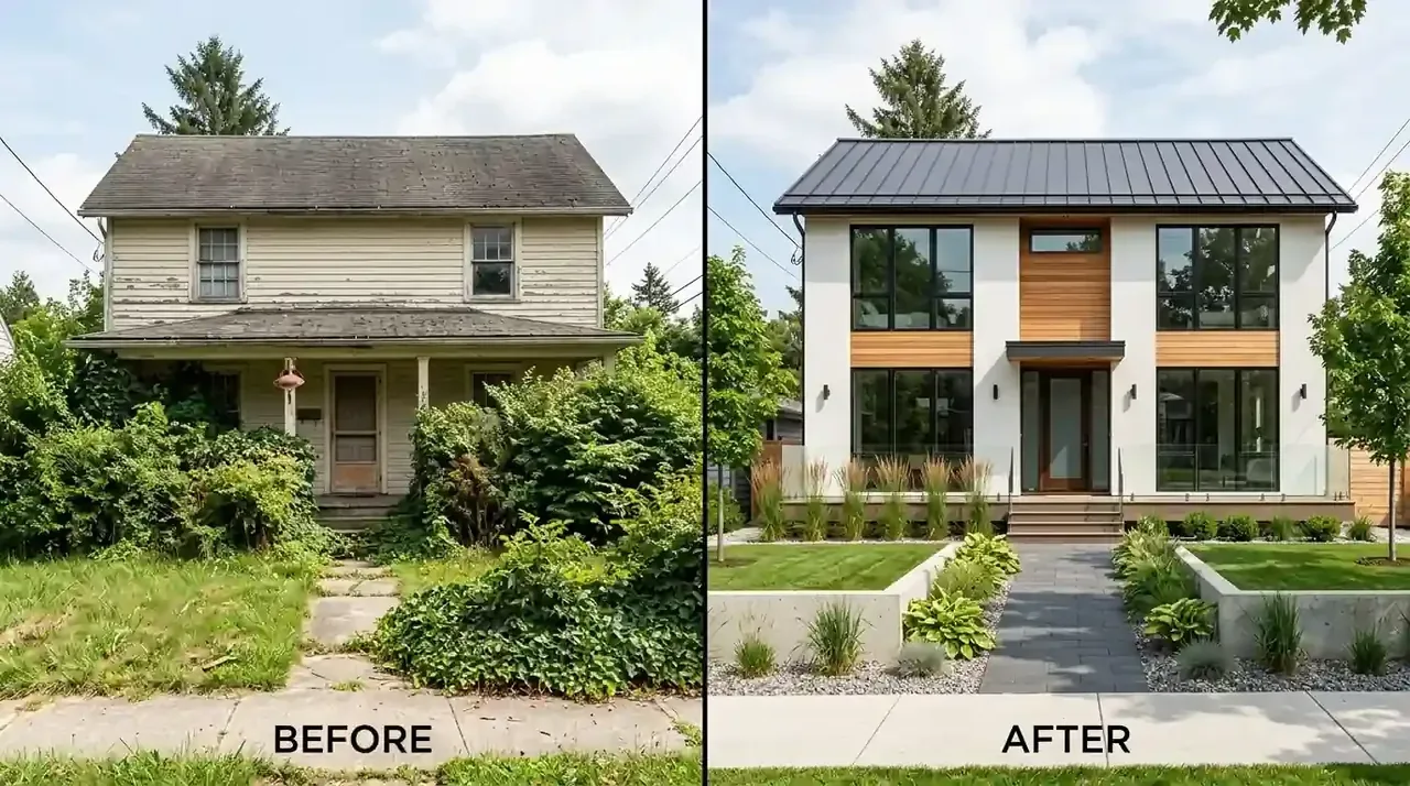Perbandingan sebelum dan sesudah renovasi rumah tua menjadi hunian modern minimalis kontemporer