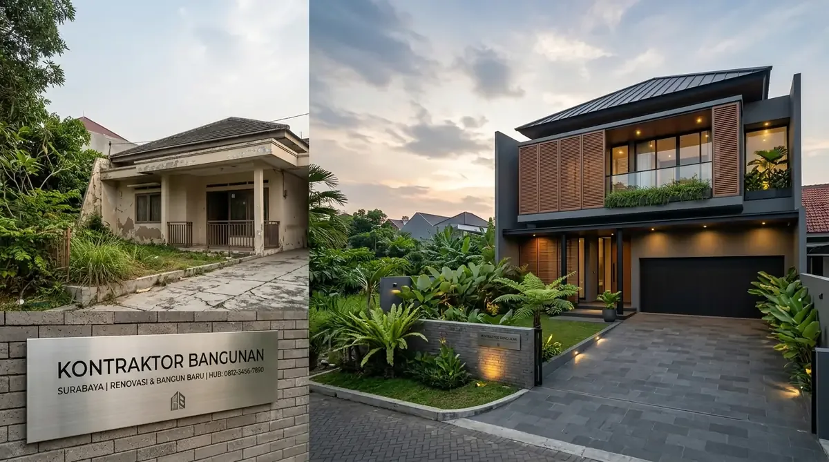 Renovasi fasad rumah surabaya modern tropis dengan aksen conwood batu alam dan kisi kisi